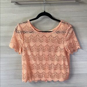 Paper Crane Peach / Coral Open Knit Crochet Blouse Buttons Down the Back Small